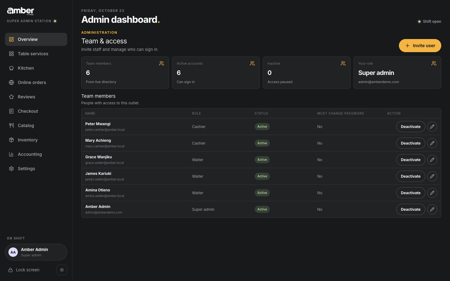 The admin home screen with the main menu on the left