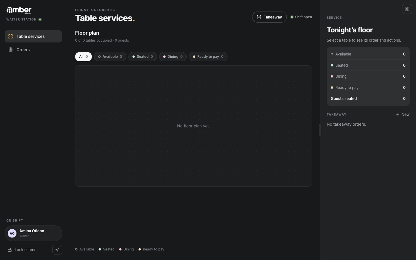 The waiter's home screen: only Table services and Orders in the menu