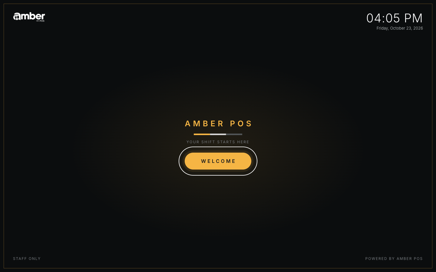 The welcome screen with the outlet name and a Welcome button
