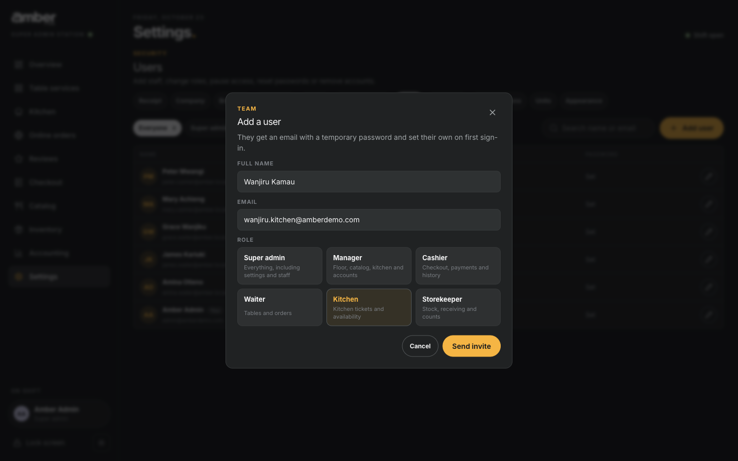 The Add a user form with Wanjiru Kamau and the Kitchen role selected