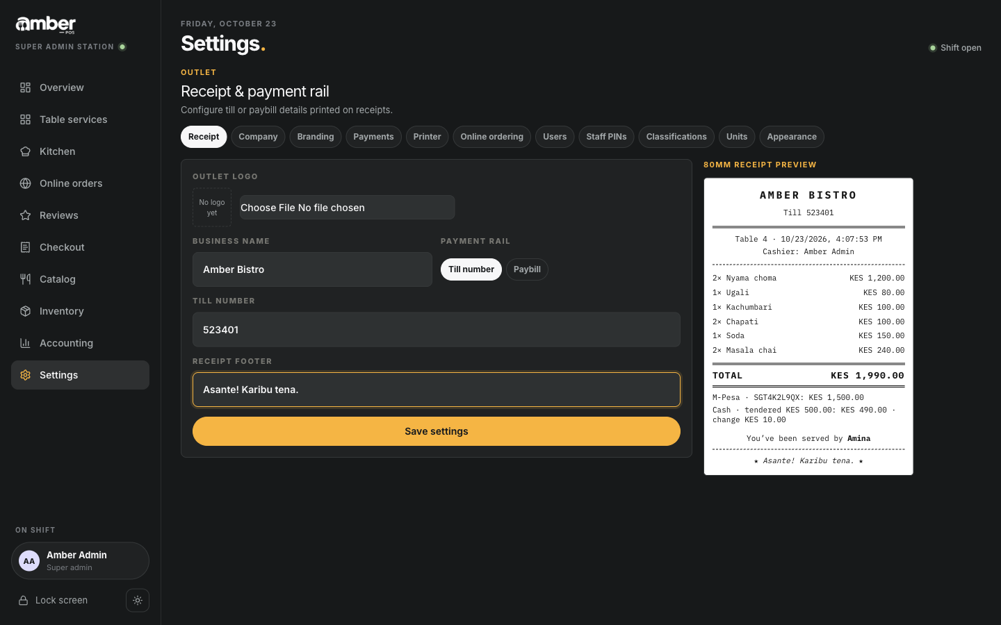 Receipt settings with a live receipt preview showing Amber Bistro and Till 523401