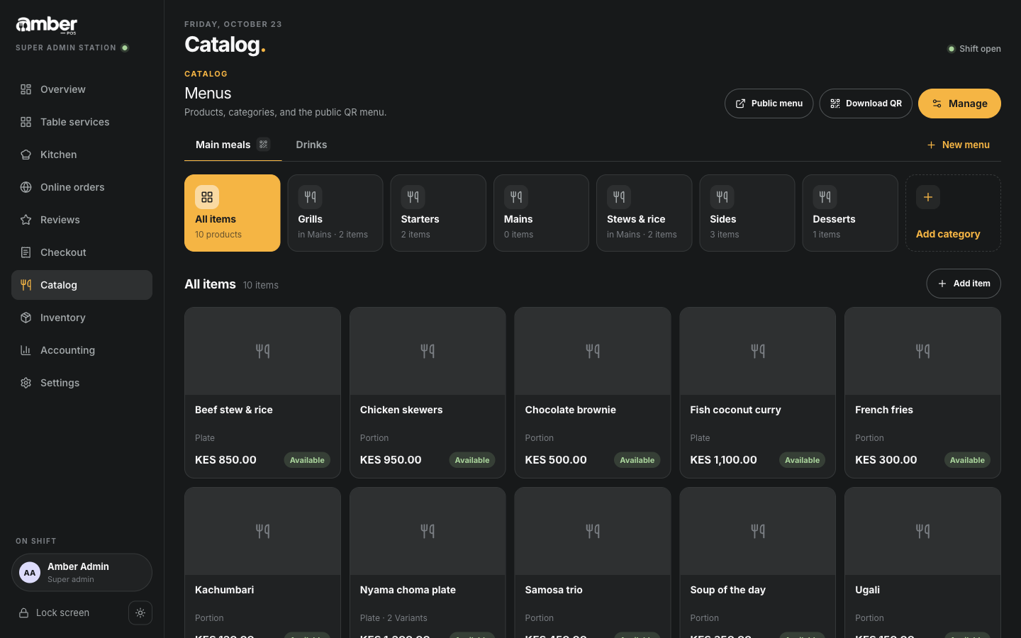 The Catalog: menus across the top, category tiles, and the items below