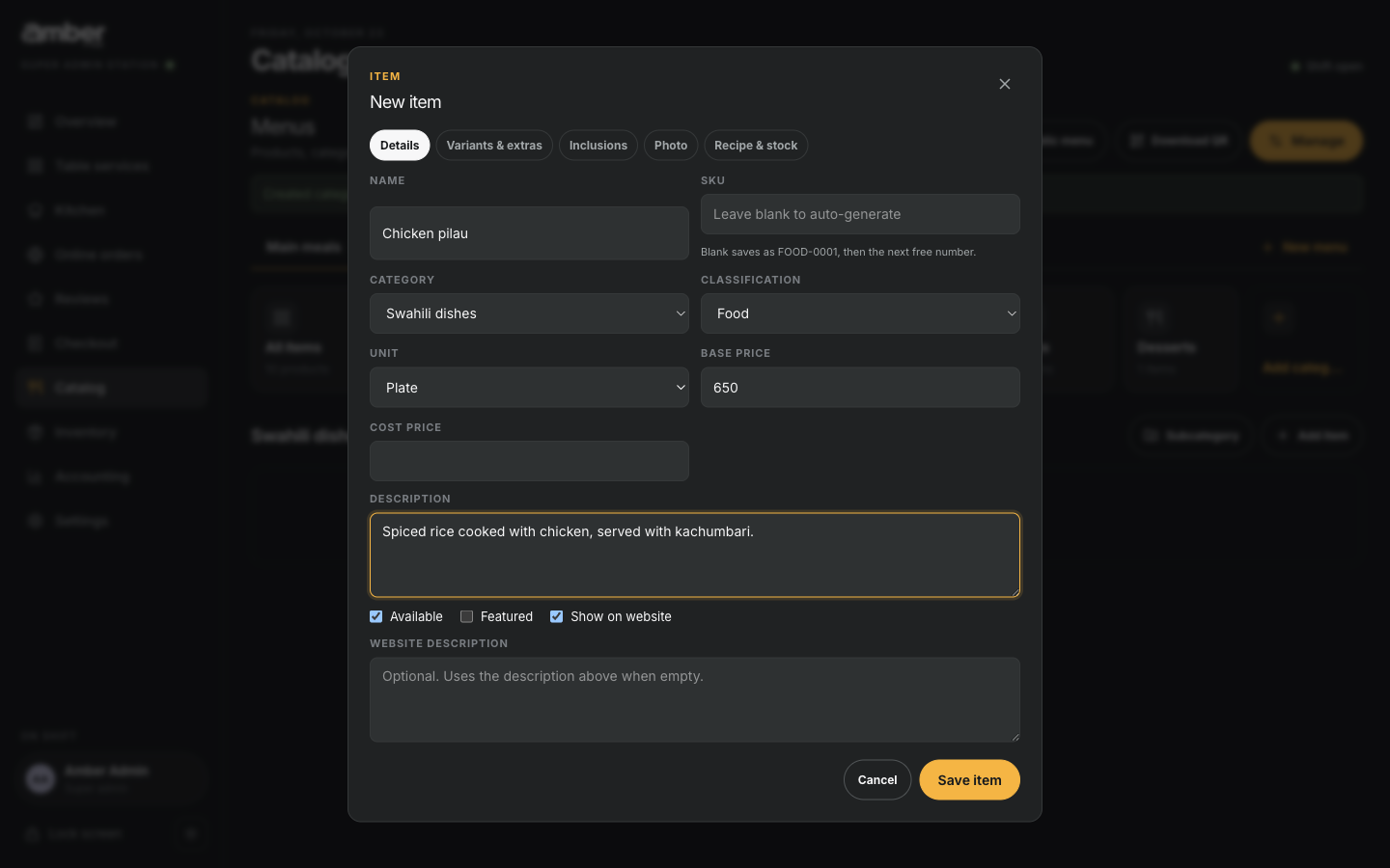 The New item form, Details tab