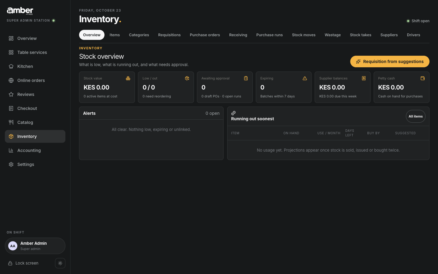 Inventory Overview: stock value, low and out, approvals, supplier balances
