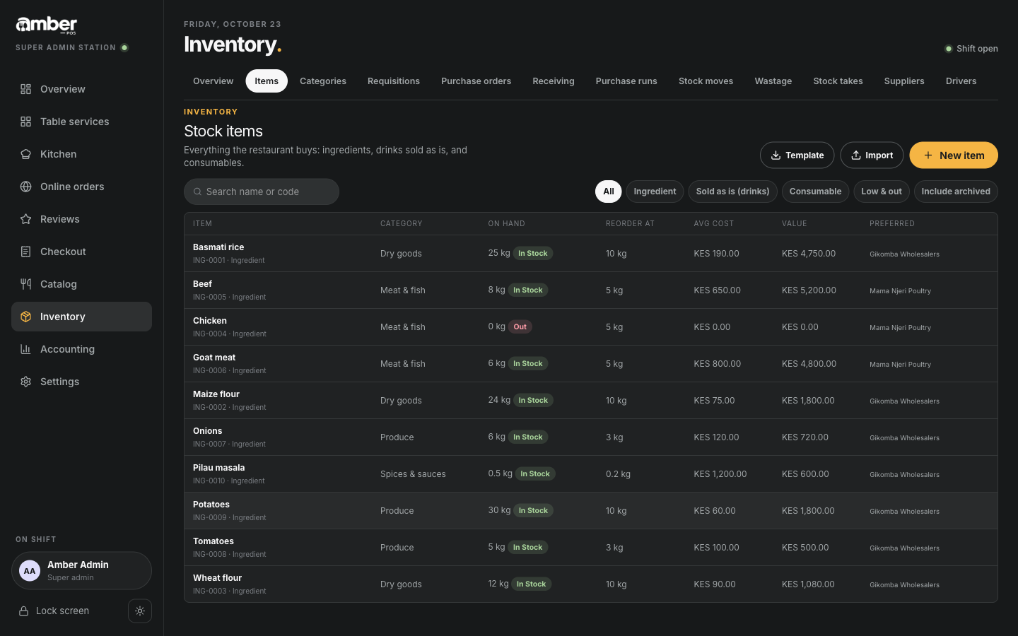 The stock items list after the import