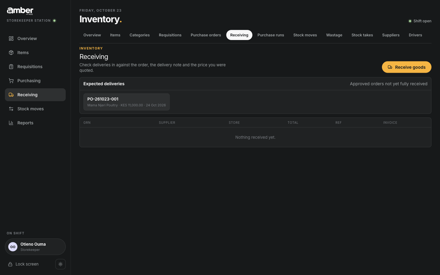 Receiving, with the order waiting for delivery