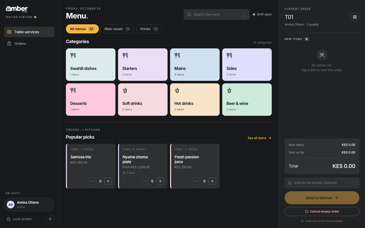 The order screen: menu on the left, the table's order on the right