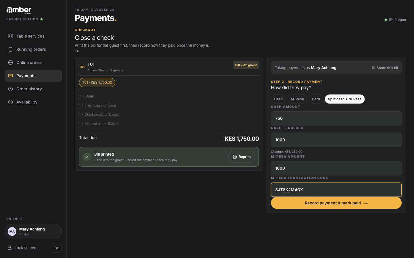Split payment: KES 750 cash (KES 1,000 tendered) and KES 1,000 M-Pesa
