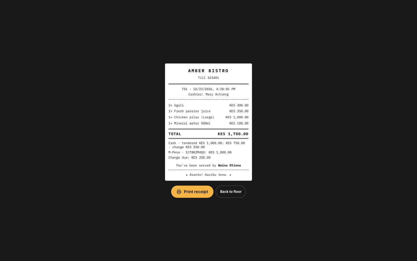 The receipt: Amber Bistro, Till 523401, items, total, payments, served by Amina Otieno