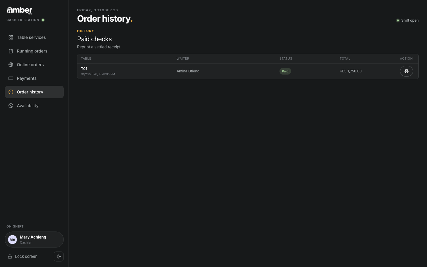 Order history: T01 paid, KES 1,750, served by Amina Otieno